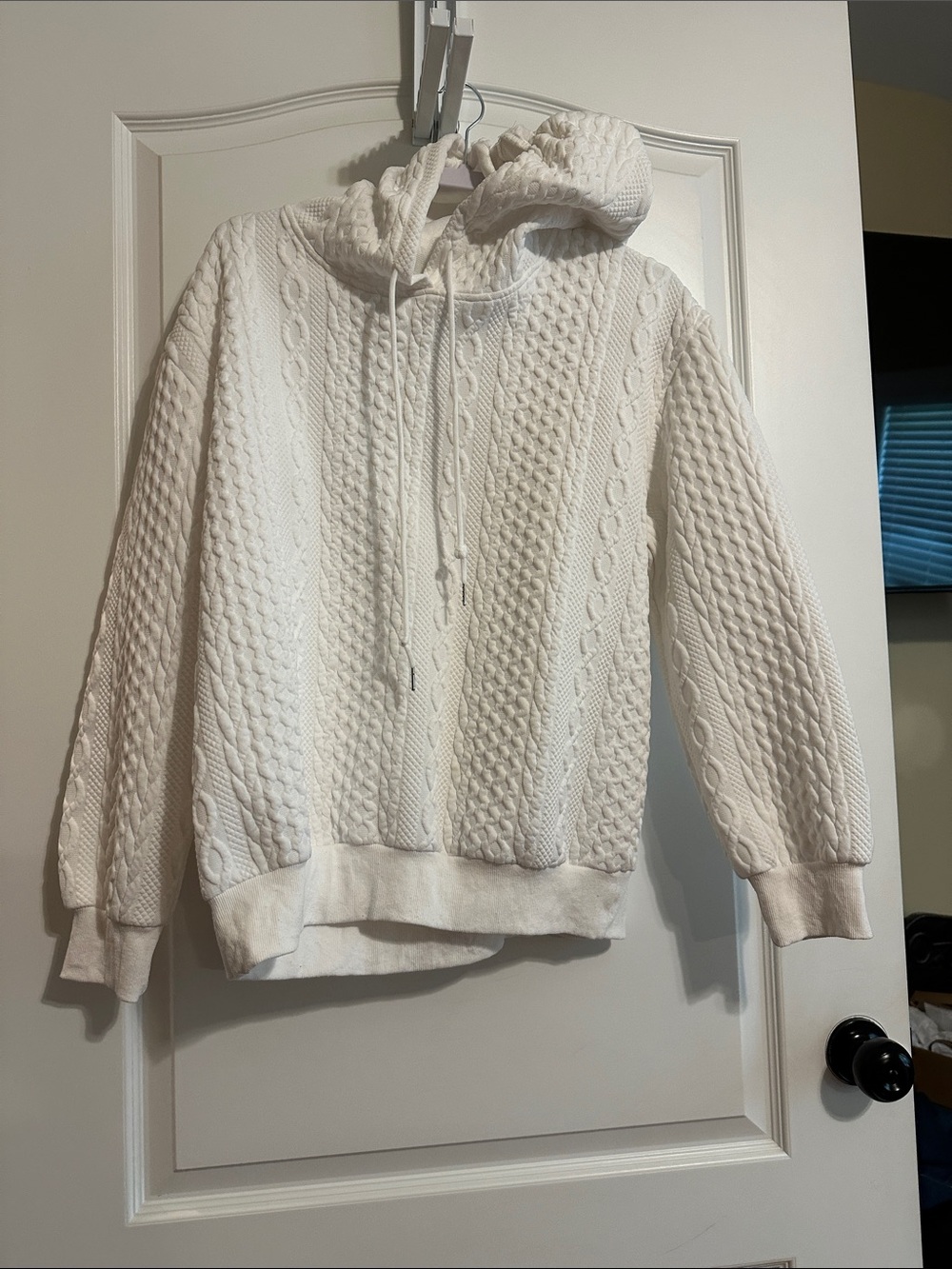 Women's White Cable Knit Hoodie Sweater